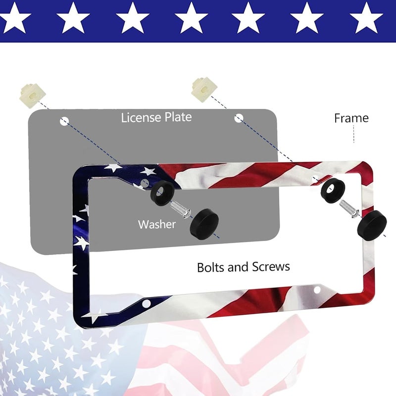 LIN KANG American Flag License Plate Frame Holder - 2 Pack Universal Aluminum Matte Stripe US Flag Gloss Patriotic Car Plate Frame Covers with Free Screws Fasteners Caps - Image 3